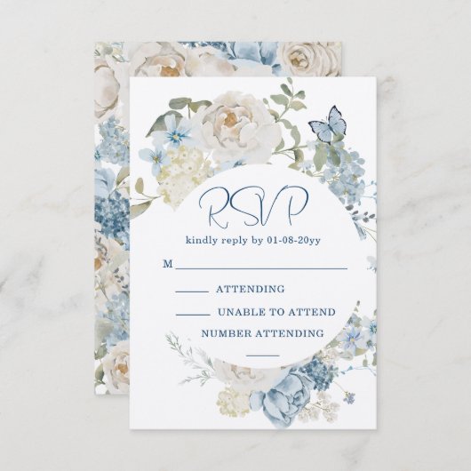 ロマンチックダスティブルーウォーター色フローラ結婚式RSVP 出欠カード (正面/裏面)