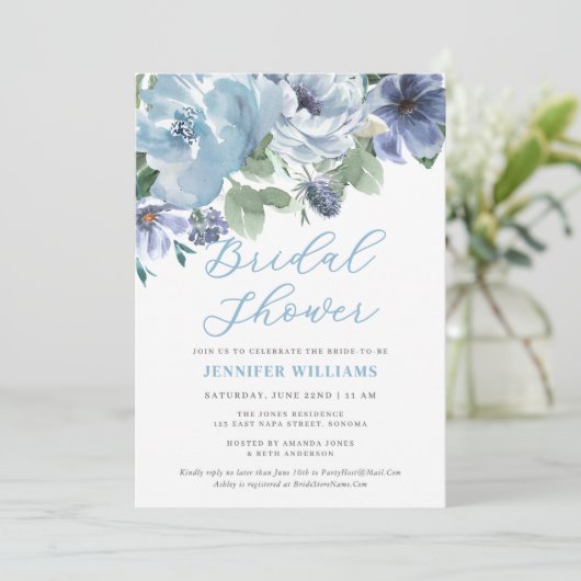 ロマンチックダスティブルーフローラブライダルシャワーパーティー 招待状 (スタンド正面)