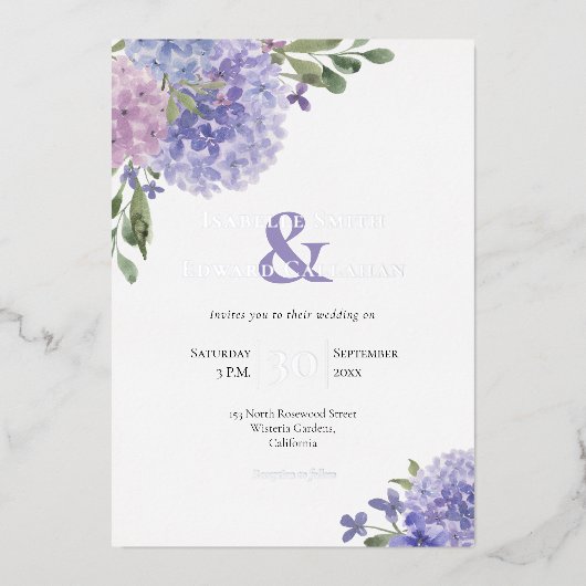 ロマンチックダスティブルー&薄紫ウォーターカラーアジサイ 箔招待状 (正面)