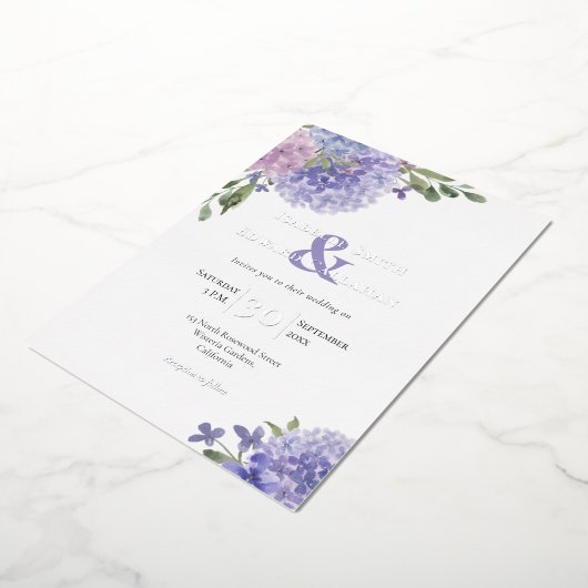 ロマンチックダスティブルー&薄紫ウォーターカラーアジサイ 箔招待状 (回転した状態)