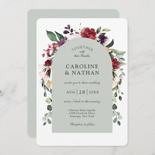 ロマンチックダスティージュアーチフローラ結婚ズ 招待状 (正面/裏面)