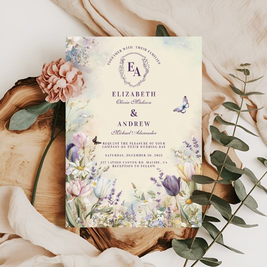 ロマンチックチューリップアンドデイジーパステル結婚ズ 招待状