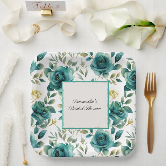 ロマンチックティール（緑がかった色）クリームバラフローラブライダルシャワー ペーパープレート (ウェディング)