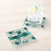 ロマンチックティール（緑がかった色）グリーンクリームバラフローラ ガラスコースター (アングル)