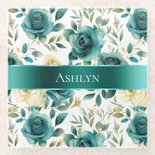 ロマンチックティール（緑がかった色）グリーンクリームバラフローラ ガラスコースター (正面)