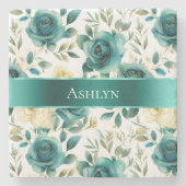 ロマンチックティール（緑がかった色）グリーンクリームバラフローラ ストーンコースター (正面)