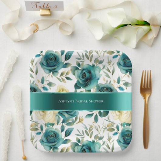 ロマンチックティール（緑がかった色）グリーンクリームバラフローラ ペーパープレート (ウェディング)