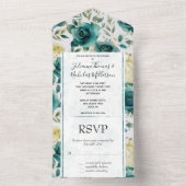 ロマンチックティール（緑がかった色）グリーンクリームバラ結婚フローラ オールインワン招待状 (内側)