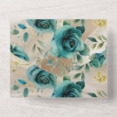 ロマンチックティール（緑がかった色）グリーンシャンパンバラフローラ結婚ズ オールインワン招待状 (裏面)