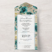ロマンチックティール（緑がかった色）グリーンシャンパンバラフローラ結婚ズ オールインワン招待状 (内側)