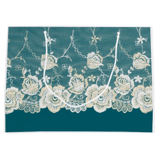 ロマンチックティール（緑がかった色）グリーンブルーホワイトレースフローラ結婚ズ ラージペーパーバッグ (正面)