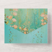 ロマンチックティール（緑がかった色）グリーン赤面ピンクフローラ結婚ズ オールインワン招待状 (裏面)