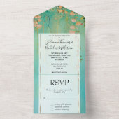ロマンチックティール（緑がかった色）グリーン赤面ピンクフローラ結婚ズ オールインワン招待状 (内側)