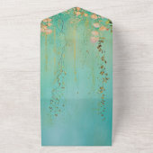 ロマンチックティール（緑がかった色）グリーン赤面ピンクフローラ結婚ズ オールインワン招待状 (外側)