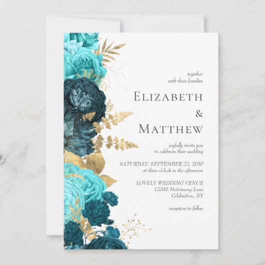 ロマンチックティール(緑がかった色)ブルー金ゴールド結婚フローラ 招待状 (正面)