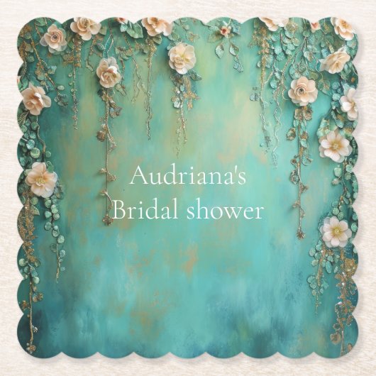 ロマンチックティール(緑がかった色)赤面ピンクフラワーズブライダルシャワー ペーパーコースター (正面)