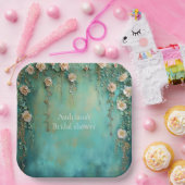 ロマンチックティール（緑がかった色）赤面ピンクフラワーズブライダルシャワー ペーパープレート (パーティー)