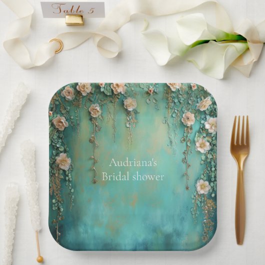 ロマンチックティール（緑がかった色）赤面ピンクフラワーズブライダルシャワー ペーパープレート (ウェディング)