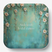 ロマンチックティール（緑がかった色）赤面ピンクフラワーズブライダルシャワー ペーパープレート (正面)
