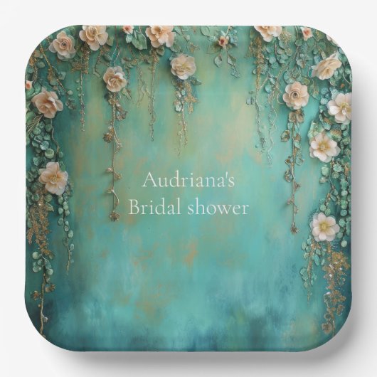 ロマンチックティール(緑がかった色)赤面ピンクフラワーズブライダルシャワー ペーパープレート (正面)