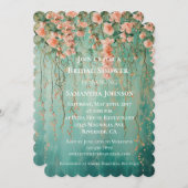 ロマンチックティール（緑がかった色）赤面ピンクフローラブライダルシャワー 招待状 (正面/裏面)