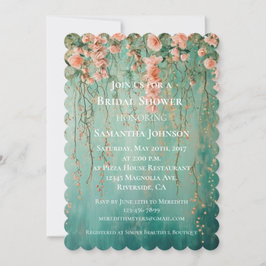 ロマンチックティール(緑がかった色)赤面ピンクフローラブライダルシャワー 招待状 (正面)