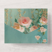 ロマンチックティール（緑がかった色）赤面ピーチバラ結婚フローラ オールインワン招待状 (裏面)