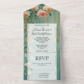 ロマンチックティール（緑がかった色）赤面ピーチバラ結婚フローラ オールインワン招待状 (内側)