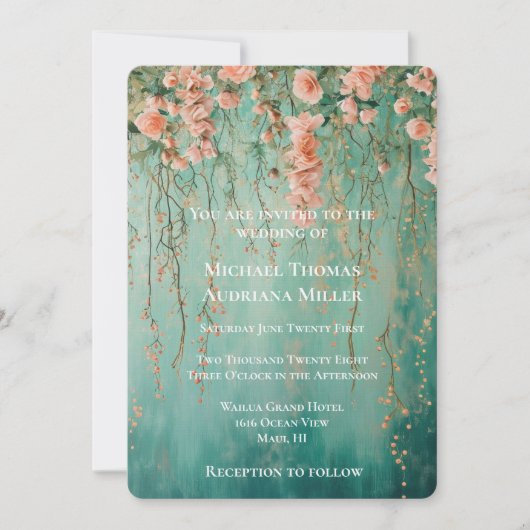 ロマンチックティール(緑がかった色)赤面結婚フラワーズ 招待状 (正面)