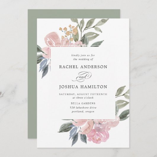 ロマンチックニュートラル赤面ウォーターカラーフローラ | 結婚s 招待状 (正面/裏面)