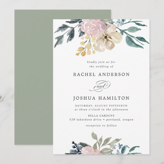 ロマンチックニュートラル赤面ウォーターカラーフローラ | 結婚s 招待状 (正面/裏面)