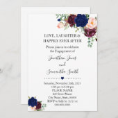 ロマンチックネイビーブルグディフローラボホシック婚約 招待状 (正面/裏面)