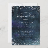 ロマンチックネイビーブルーシルバー婚約パーティ 招待状 (正面)