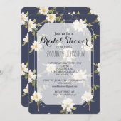 ロマンチックネイビーブルーホワイトフローラブライダルシャワー 招待状 (正面/裏面)