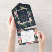 ロマンチックネイビーブルー赤面ピンクフローラ オールインワン招待状 (貼ってはがせる)