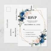 ロマンチックネイビーブルー赤面ボタニカルジオメトリックRSVP ポストカード (正面/裏面)