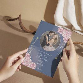 ロマンチックネイビーブルー&赤面ピンク結婚ズ 招待状