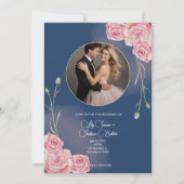 ロマンチックネイビーブルー&赤面ピンク結婚ズ 招待状 (正面)