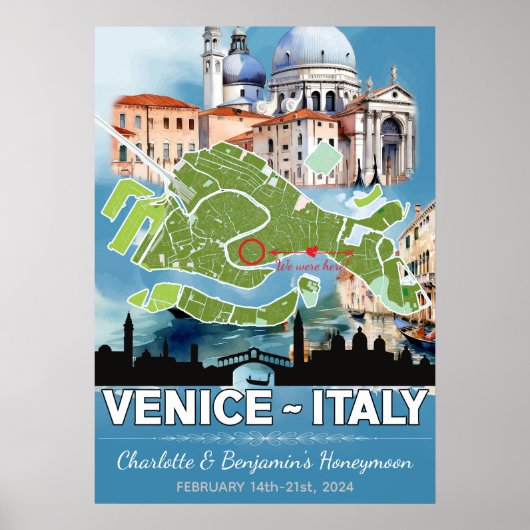 ロマンチックハネムーンバケーションヴェネツィアイタリアの地図 ポスター (正面)