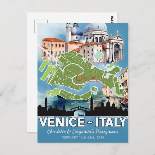 ロマンチックハネムーンバケーションヴェネツィアイタリアの地図 ポストカード (正面/裏面)