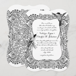 ロマンチックハミングバードブラックとホワイトパターン 招待状