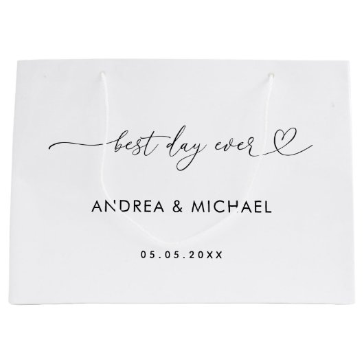 ロマンチックハートスクリプト ベストデイ エバー ウェディングパーティ ラージペーパーバッグ (正面)