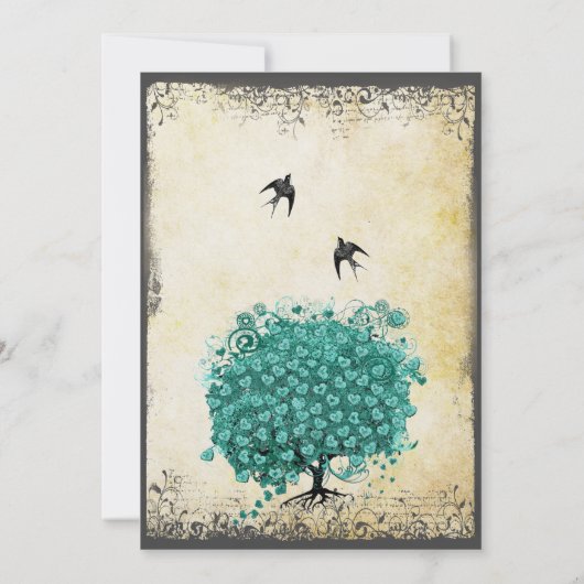 ロマンチックハートリーフティール(緑がかった色)ツリーラブバードズ結婚ズ 招待状 (裏面)