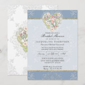 ロマンチックハートレース ダスティーブルー ピンク ブライダルシャワー 招待状 (正面/裏面)