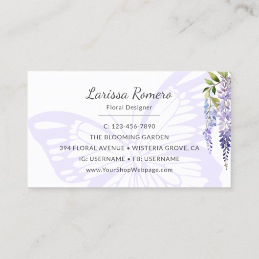 ロマンチックバタフライ&ウィステリアパステルフローラ 名刺 (裏面)