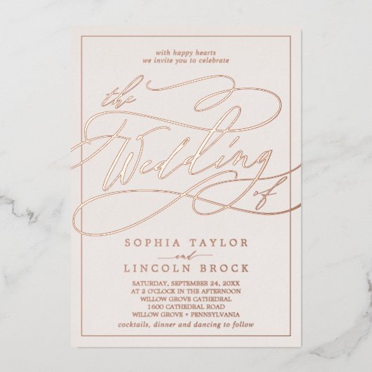 ロマンチックバラゴールドフォイル |赤面フレ結婚ーム 箔招待状 (正面)