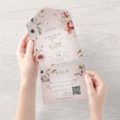 ロマンチックバラピンクフローラQRコード オールインワン招待状 (貼ってはがせる)