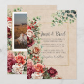 ロマンチックバラフローラユーカリQRコード結婚ズ 招待状 (正面/裏面)