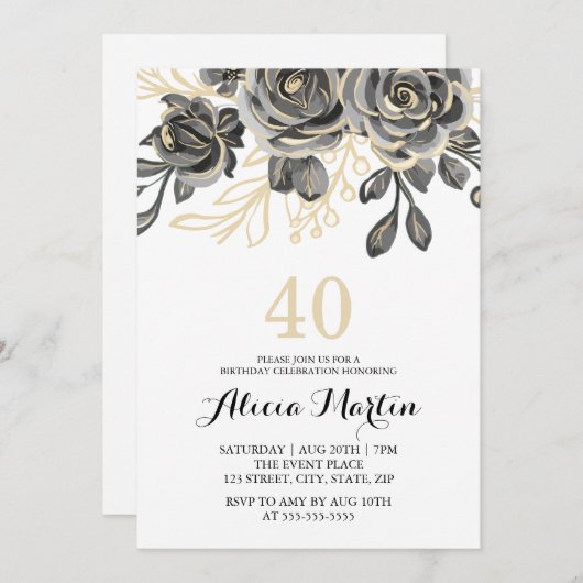 ロマンチックバラブラック&金ゴールド誕生日招待状 招待状 (正面/裏面)