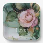 ロマンチックバラホワイトピンク金ゴールドフローララヴ結婚ズ ペーパープレート (正面)